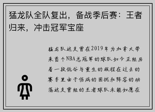 猛龙队全队复出，备战季后赛：王者归来，冲击冠军宝座