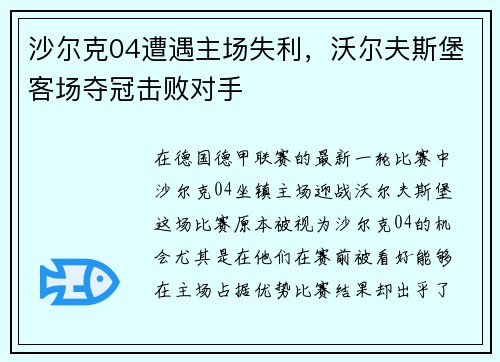 沙尔克04遭遇主场失利，沃尔夫斯堡客场夺冠击败对手